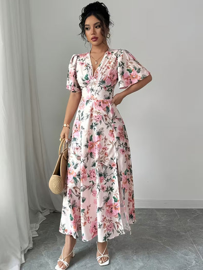 Mia — V-Ausschnitt Puffärmel-Kleid mit Beinschlitz