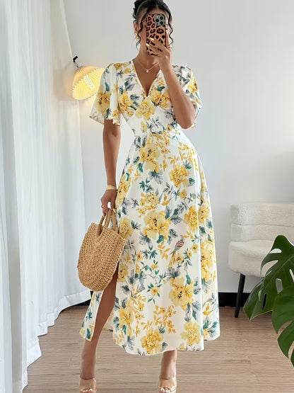 Mia — V-Ausschnitt Puffärmel-Kleid mit Beinschlitz