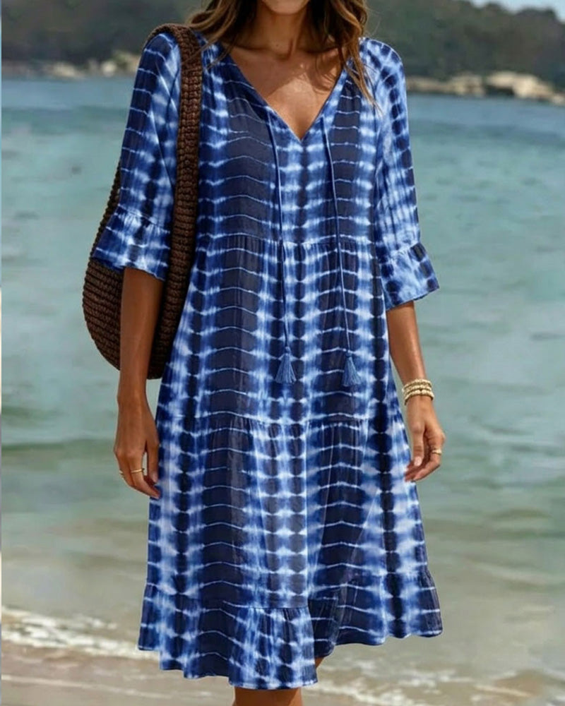Camedor — Midikleid mit V-Ausschnitt und Blauton-Print