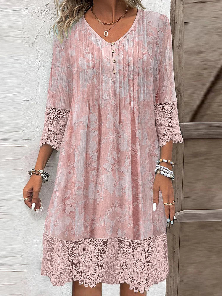 Kim — Spitzen-Patchwork-Kleid mit V-Ausschnitt, Casual-Stil