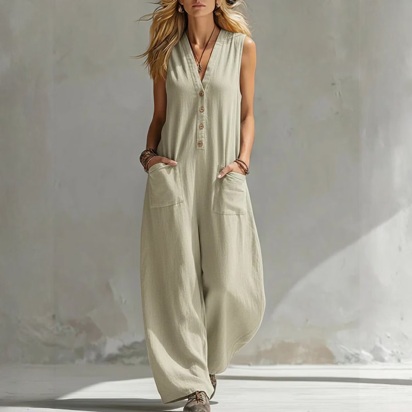 Solandra — Leinen-Jumpsuit mit V-Ausschnitt und weitem Bein