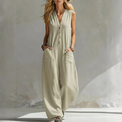 Solandra — Leinen-Jumpsuit mit V-Ausschnitt und weitem Bein