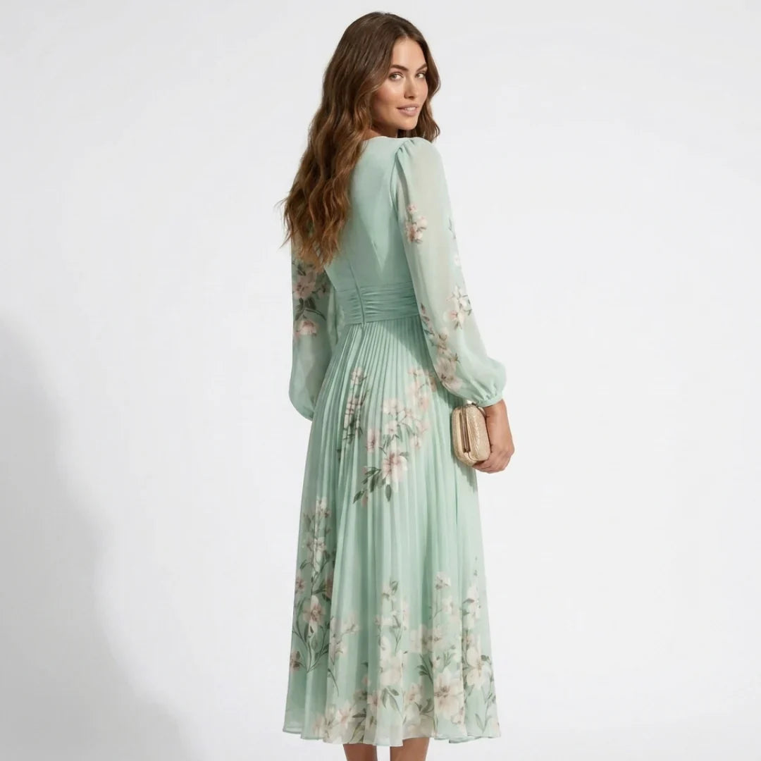 Florveil — Floral Falten V-Ausschnitt Langarm Maxikleid
