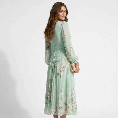 Florveil — Floral Falten V-Ausschnitt Langarm Maxikleid