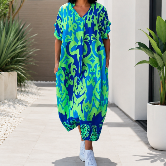 Palermia — Bedrucktes V-Ausschnitt Midi-Kleid