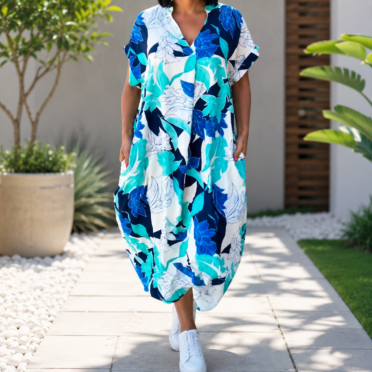 Palermia — Bedrucktes V-Ausschnitt Midi-Kleid