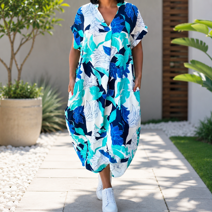 Palermia — Bedrucktes V-Ausschnitt Midi-Kleid