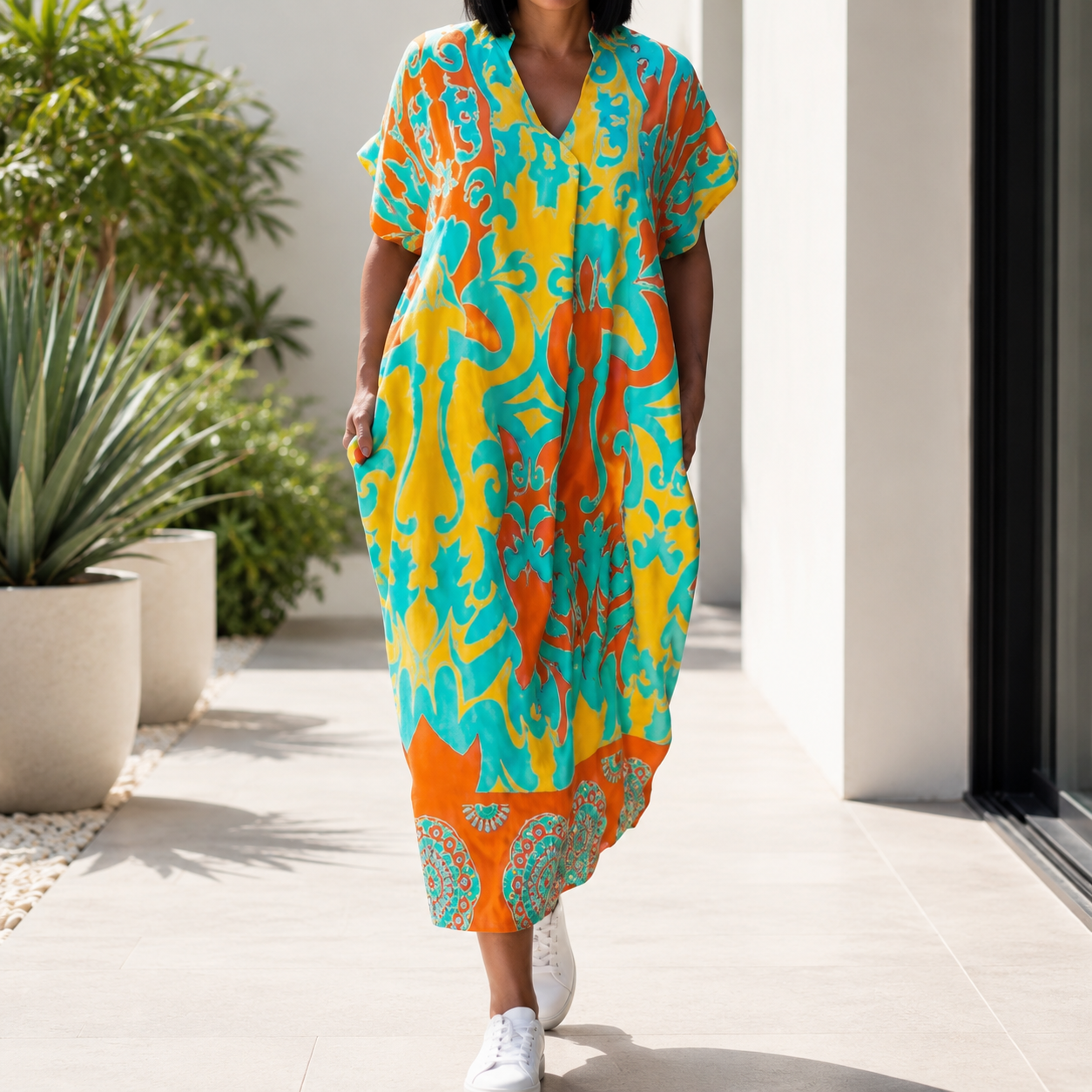 Palermia — Bedrucktes V-Ausschnitt Midi-Kleid