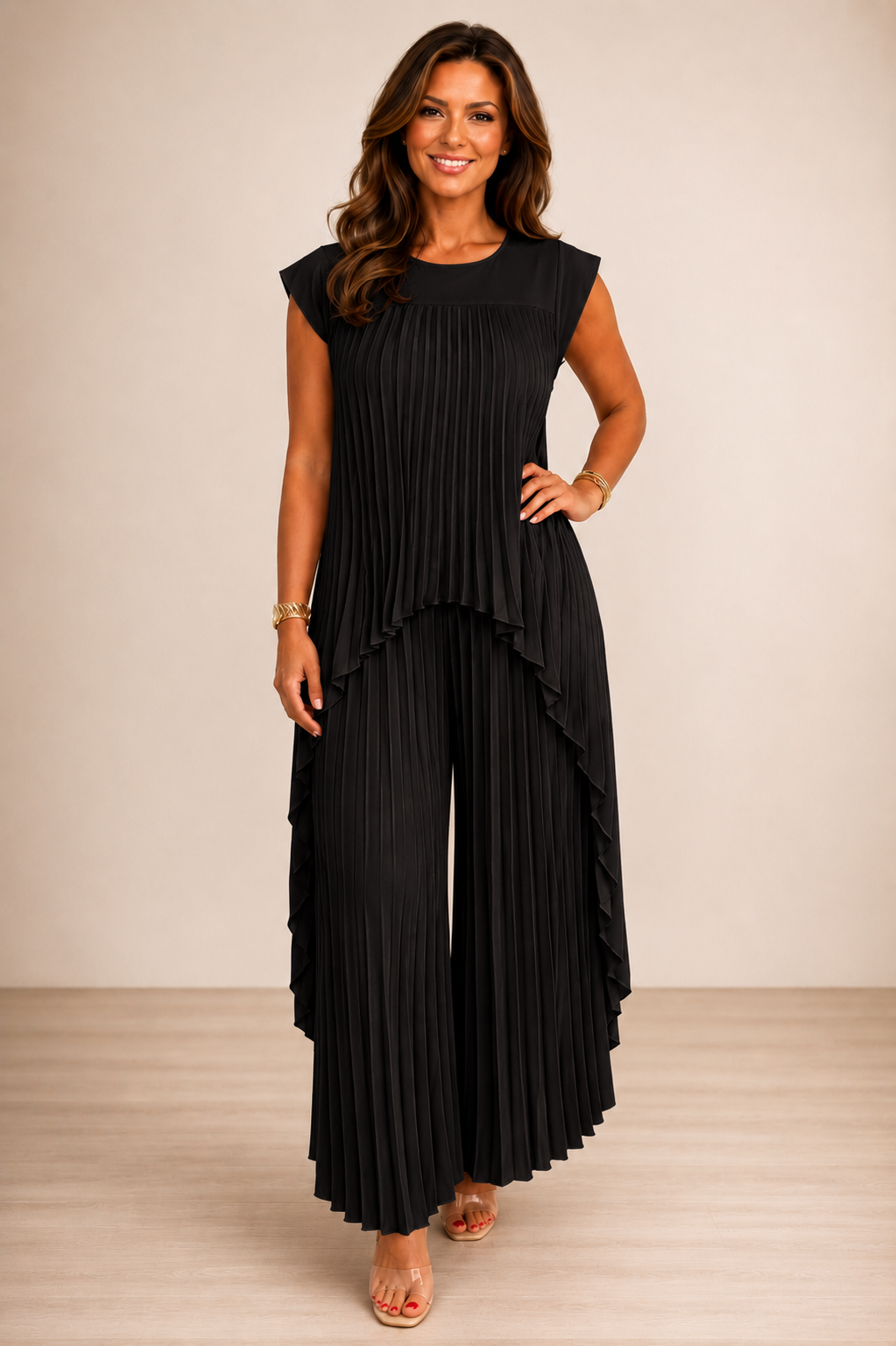 Lène — Plissiertes Top & Weitbeinige Hose Set