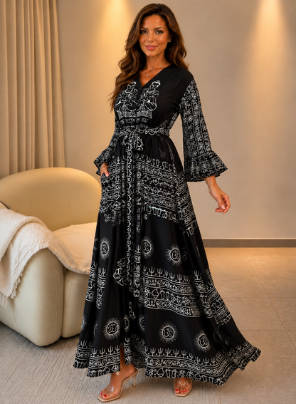 Miche — Maxikleid aus bedrucktem Leinen mit V-Ausschnitt