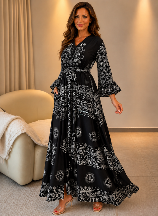 Miche — Maxikleid aus bedrucktem Leinen mit V-Ausschnitt