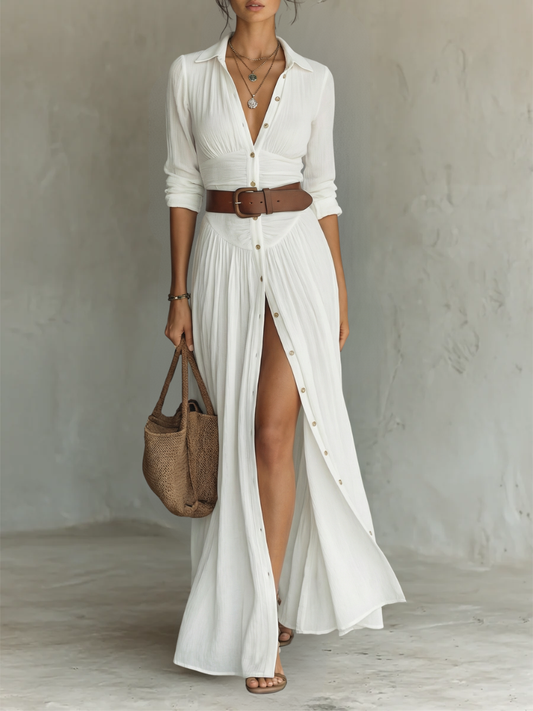 Elowen — Weißes Leinen Faltenmaxikleid