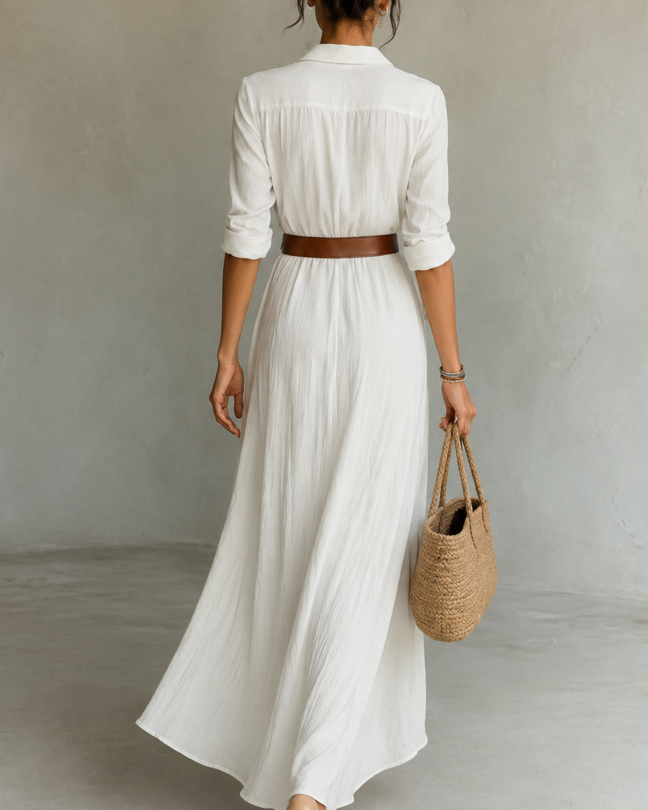 Elowen — Weißes Leinen Faltenmaxikleid