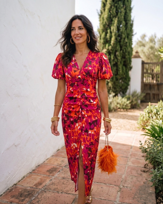 Carla  —  Bedrucktes Midi-Kleid mit Puffärmeln