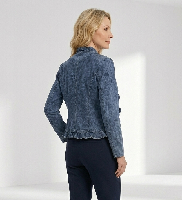 Denelise — Damen Jeansjacke mit Rüschensaum und offenem Front