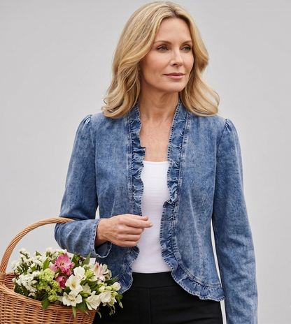 Denelise — Damen Jeansjacke mit Rüschensaum und offenem Front