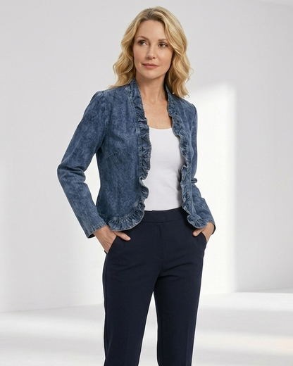 Denelise — Damen Jeansjacke mit Rüschensaum und offenem Front
