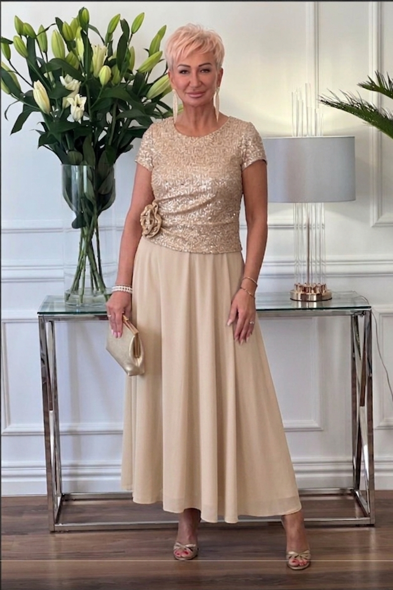 Florène — Pailletten Blumen Korsett Midi Kleid