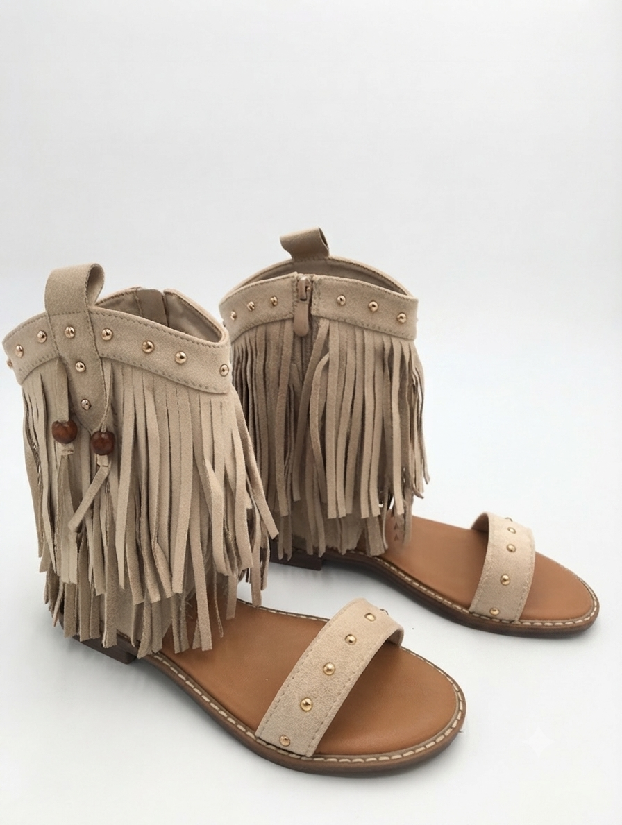Gina — Beiger Fransen-Sandal