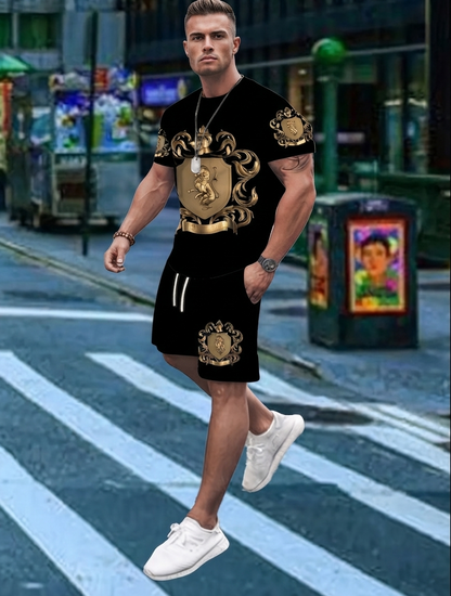 Regalis — Gold Wappen-Print T-Shirt & Shorts Set