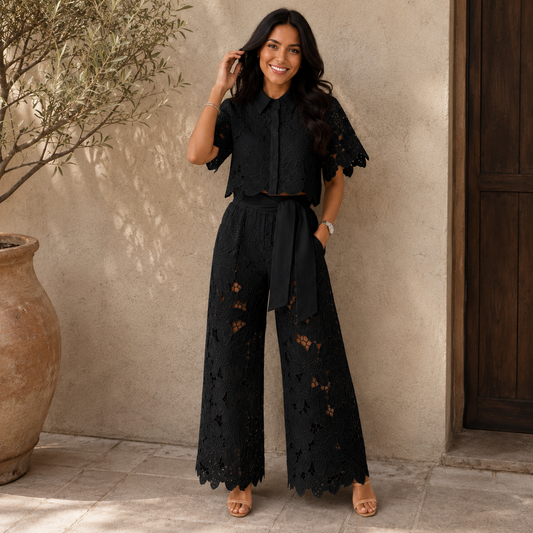 Isabela — Spitzengestickte Bluse & Hosen-Set