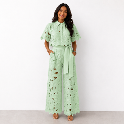 Isabela — Spitzengestickte Bluse & Hosen-Set