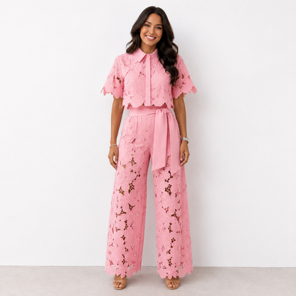 Isabela — Spitzengestickte Bluse & Hosen-Set