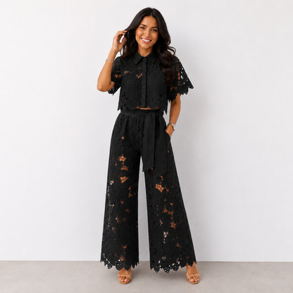 Isabela — Spitzengestickte Bluse & Hosen-Set