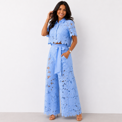 Isabela — Spitzengestickte Bluse & Hosen-Set
