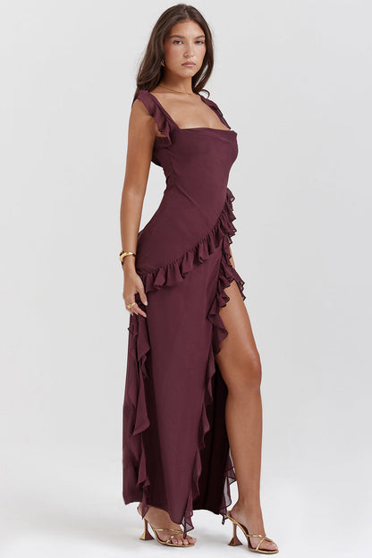 Amira — Rüschendes Hochtailles Maxikleid in Pflaume