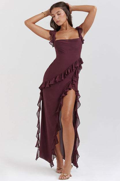 Amira — Rüschendes Hochtailles Maxikleid in Pflaume