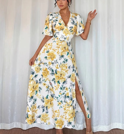 Mia — V-Ausschnitt Puffärmel-Kleid mit Beinschlitz