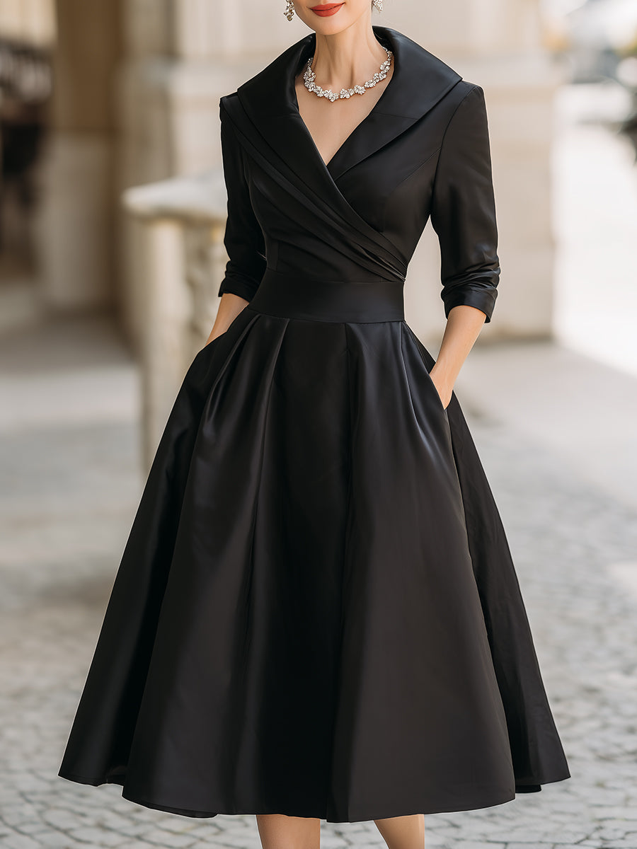 Auréve — Satin Draped-Collar A-Linien Midi-Kleid