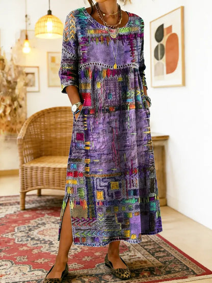 Folklén — Baumwolle Ethnischer Druck Maxikleid mit Spitzenbesatz