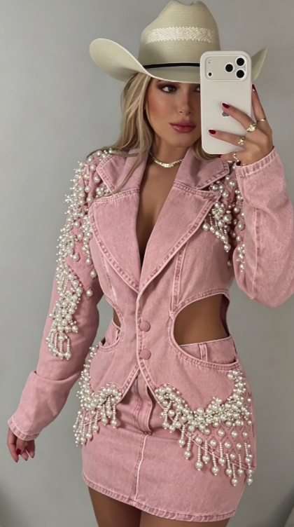 Marseline — Denim-Set mit Perlenfransen, Jacke & Rock