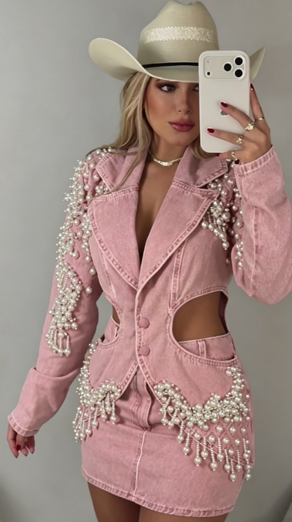 Marseline — Denim-Set mit Perlenfransen, Jacke & Rock