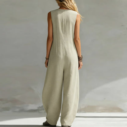 Solandra — Leinen-Jumpsuit mit V-Ausschnitt und weitem Bein