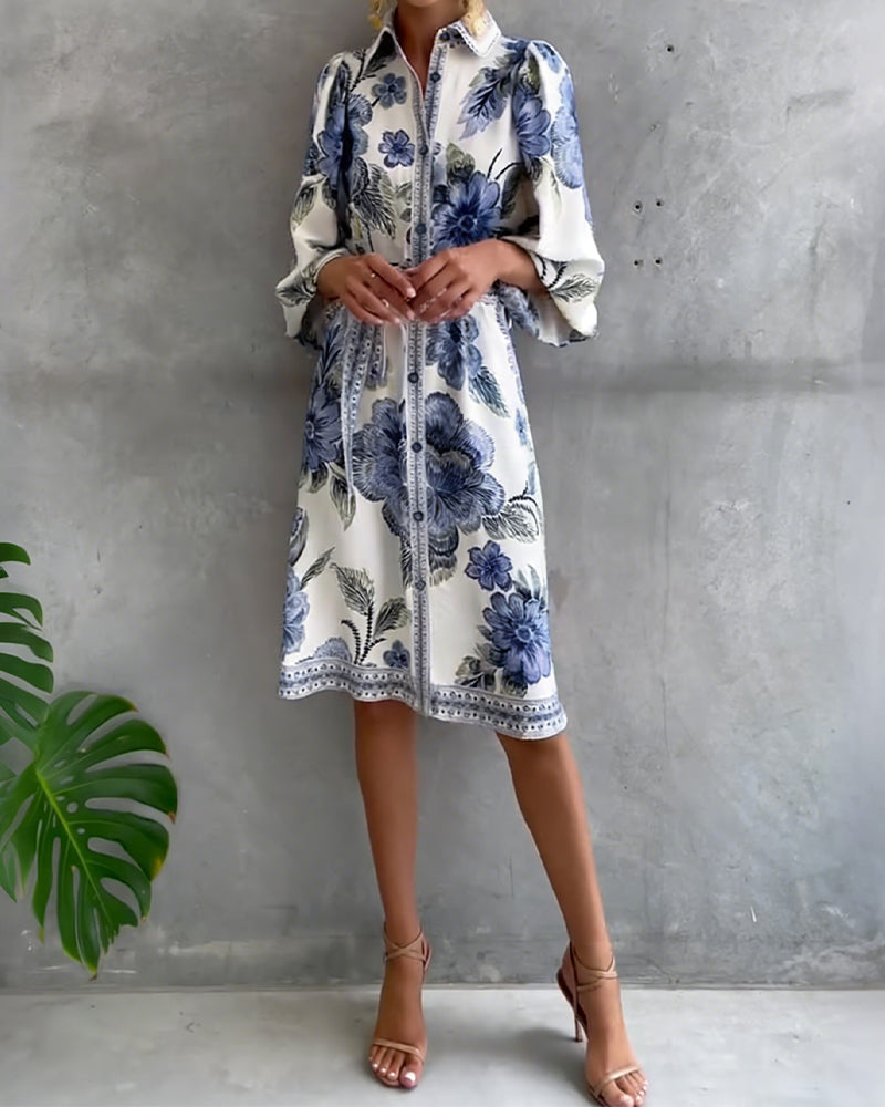Fleurette — Gedrucktes Kleid mit Lanternärmeln und gespaltenem Kragen