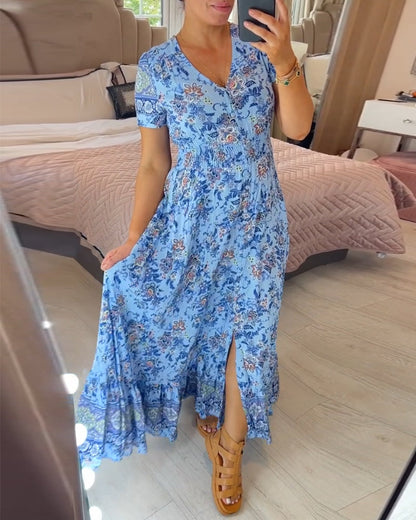 Elarosse — Midi-Kleid mit V-Ausschnitt und Blumenmuster