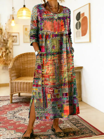 Folklén — Baumwolle Ethnischer Druck Maxikleid mit Spitzenbesatz