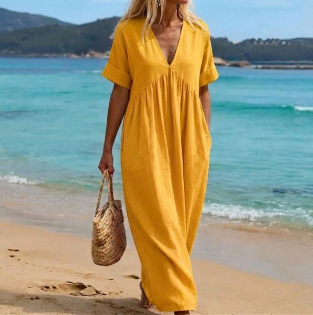 Viviana — V-Ausschnitt Leinen-Baumwoll Maxikleid