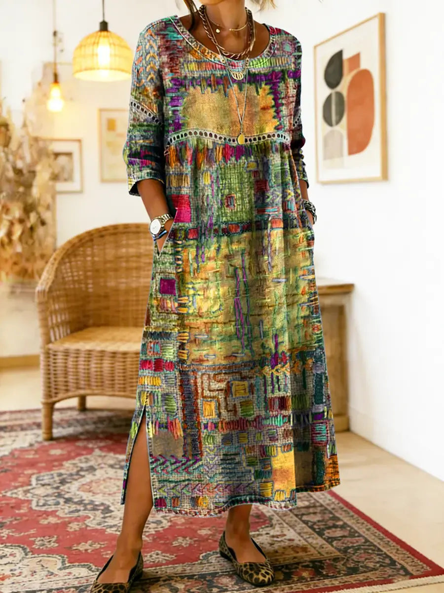 Folklén — Baumwolle Ethnischer Druck Maxikleid mit Spitzenbesatz
