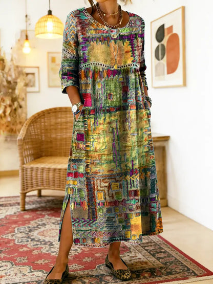 Folklén — Baumwolle Ethnischer Druck Maxikleid mit Spitzenbesatz