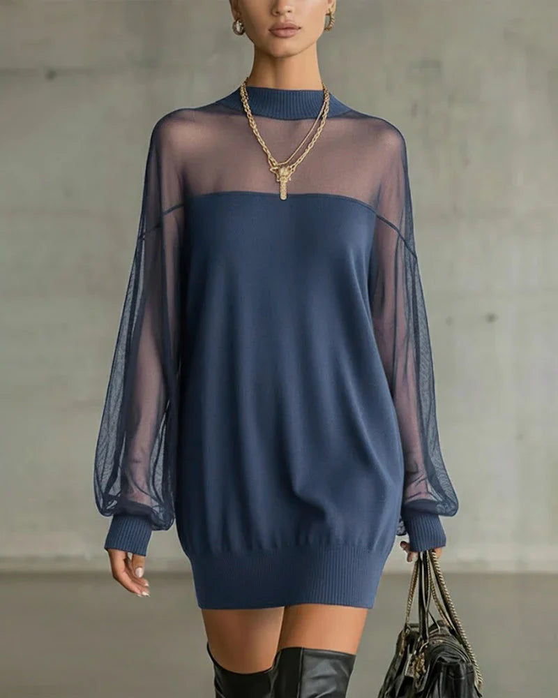 Clarève – Einfarbiges Patchwork-Kleid mit Laternenärmeln