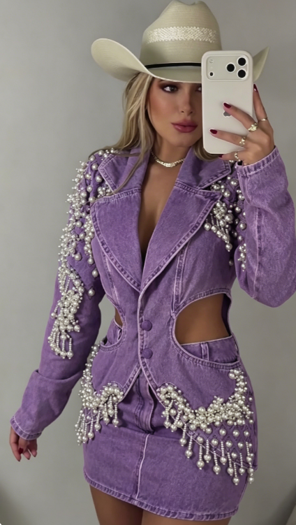 Marseline — Denim-Set mit Perlenfransen, Jacke & Rock