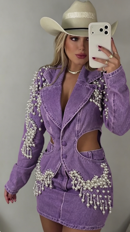 Marseline — Denim-Set mit Perlenfransen, Jacke & Rock