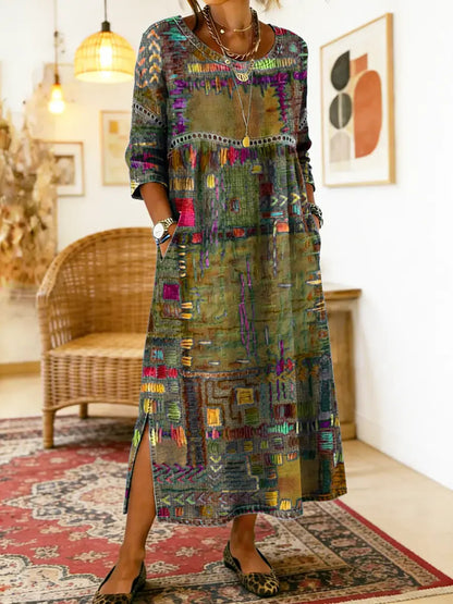 Folklén — Baumwolle Ethnischer Druck Maxikleid mit Spitzenbesatz