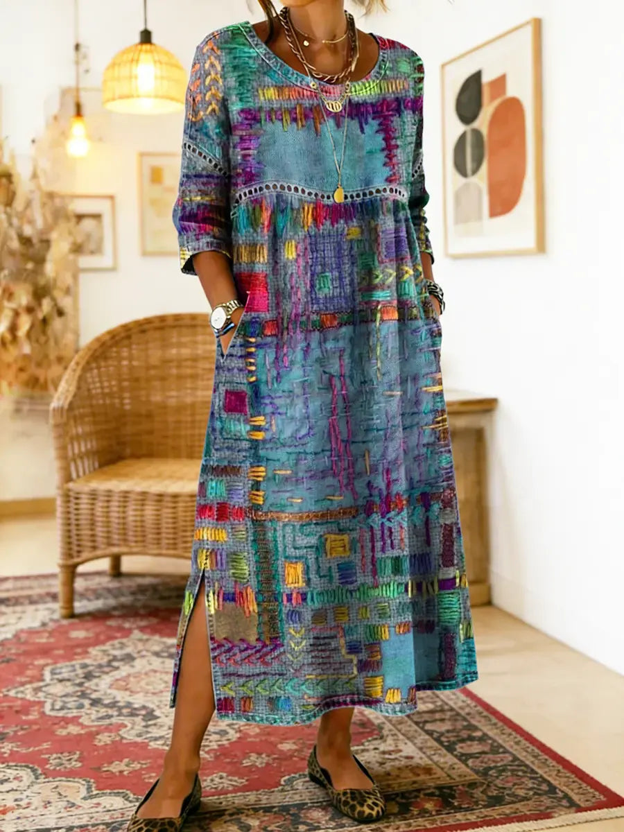 Folklén — Baumwolle Ethnischer Druck Maxikleid mit Spitzenbesatz
