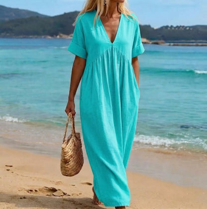 Viviana — V-Ausschnitt Leinen-Baumwoll Maxikleid