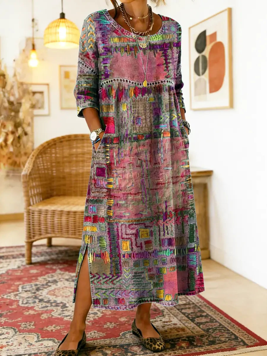 Folklén — Baumwolle Ethnischer Druck Maxikleid mit Spitzenbesatz